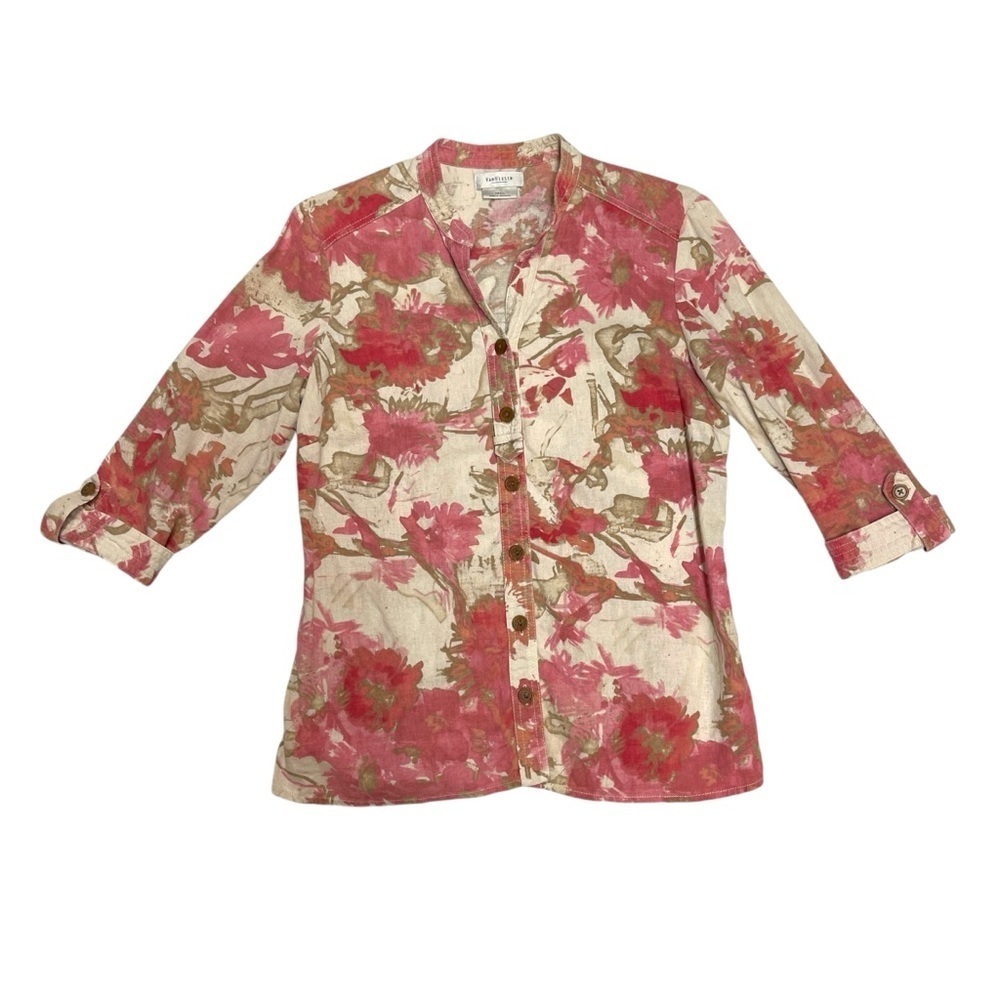 Van Heusen linen blend Button Down Shirt Size Small pink cream tan